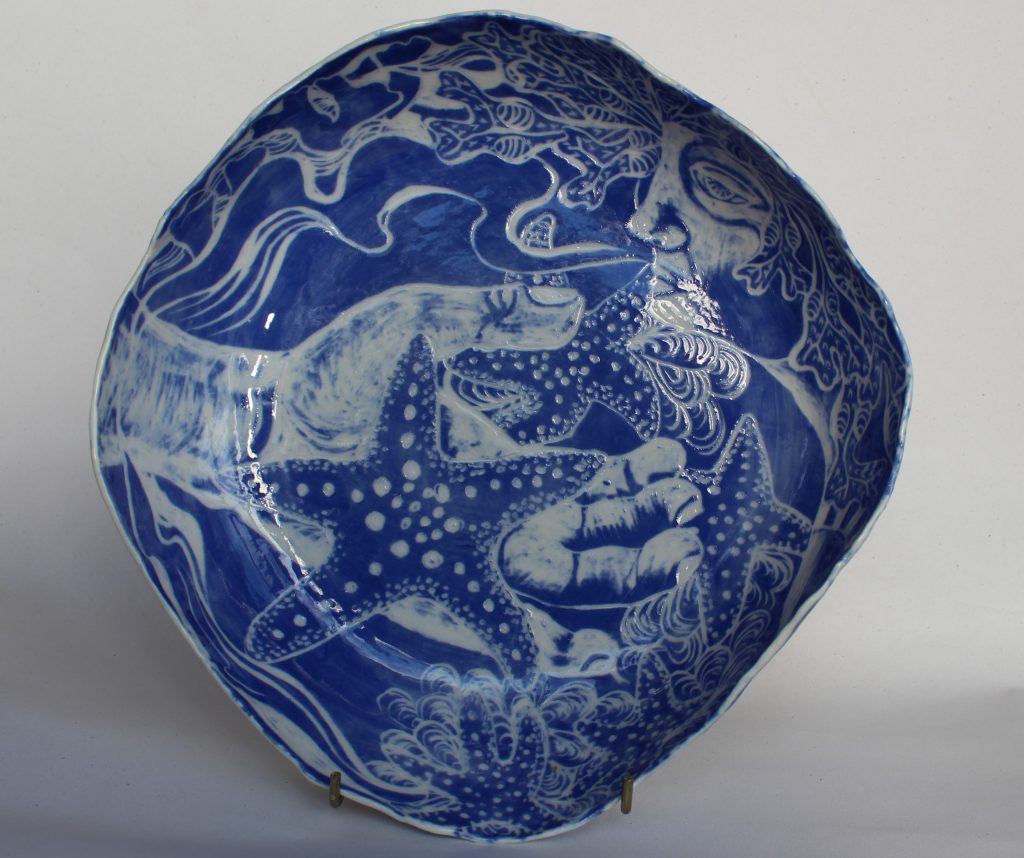 Ilse Black, As She Saw the Starfish, Susan Started to Transform, 2021, Porcelain, slip and sgraffito, 25x25 x5.5cm, (2) Janet Rady Fine Art Ilse Black, As She Saw the Starfish, Susan Started to Transform, 2021, Porcelain, slip and sgraffito, 25x25 x5.5cm