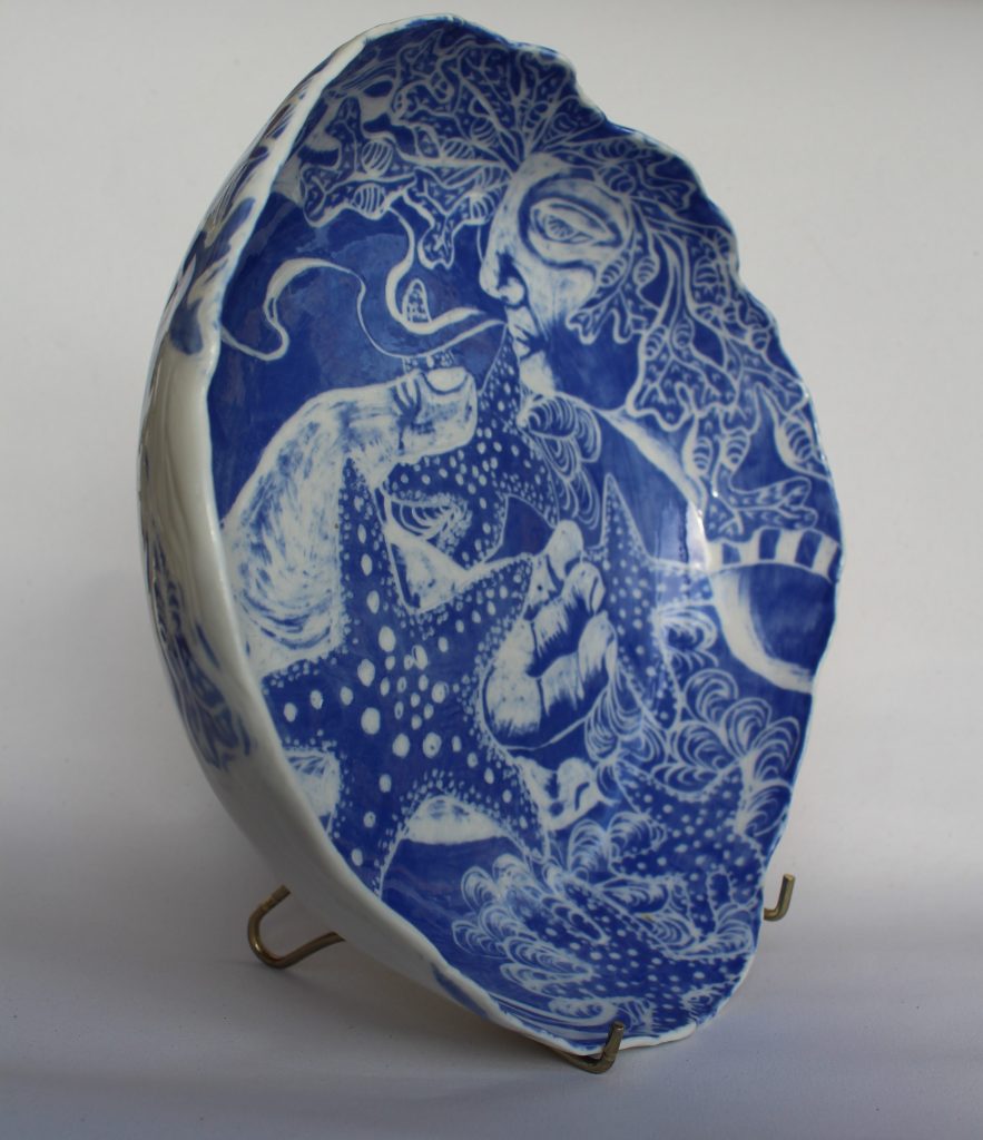 Ilse Black, As She Saw the Starfish, Susan Started to Transform, 2021, Porcelain, slip and sgraffito, 25x25 x5.5cm, (3) Janet Rady Fine Art Ilse Black, As She Saw the Starfish, Susan Started to Transform, 2021, Porcelain, slip and sgraffito, 25x25 x5.5cm