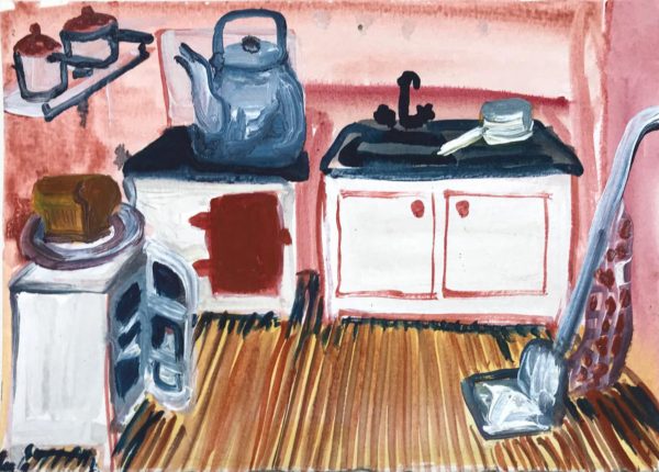 Alice Macdonald, Domestic Bliss, 2020, Watercolour and acrylic on paper,15x20cm, Janet Rady Fine Art