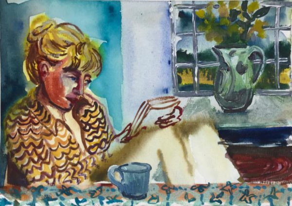 Alice Macdonald, On Holiday, 2021, Watercolour and acrylic on paper, 15x20cm, Jane Rady Fine Art