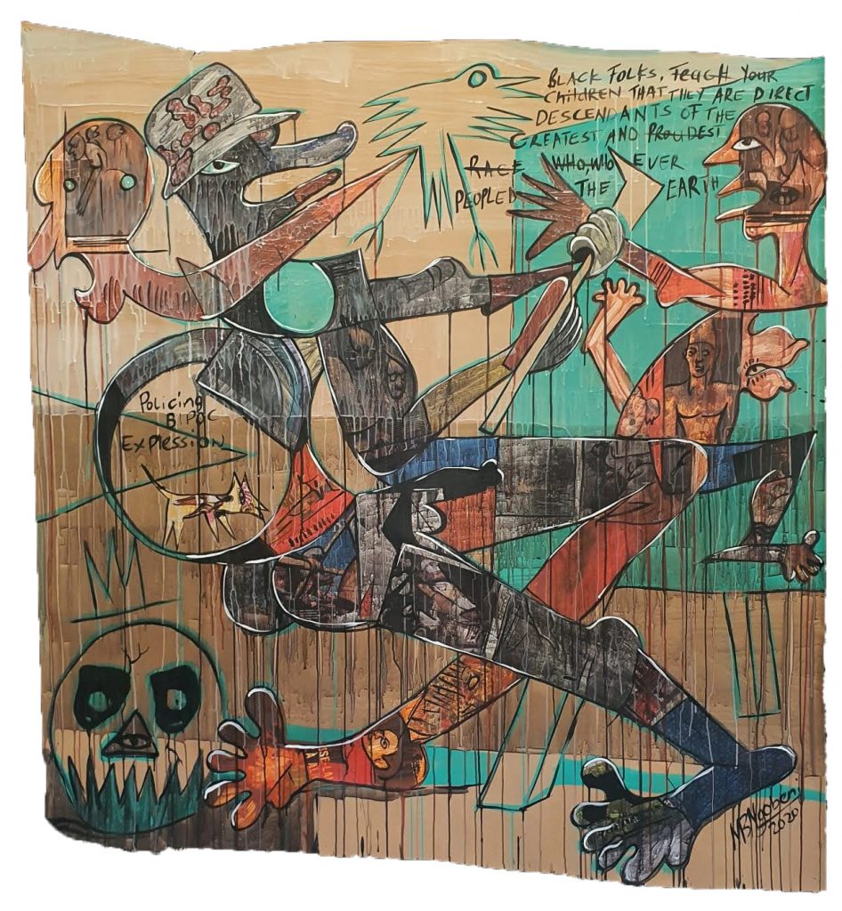 Blessing Ngobeni, Donkeys Get Fed Up Too I, 2020, Mixed media on paper, 158x161cm, Janet Rady Fine Art Blessing Ngobeni, Donkeys Get Fed Up Too I, 2020, Mixed media on paper, 158x161cm, Janet Rady Fine Art
