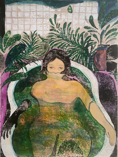 Koshiro Akiyama, Bathroom I, 2021, Hand coloured linocut, 41x30.5cm, Janet Rady Fine Art