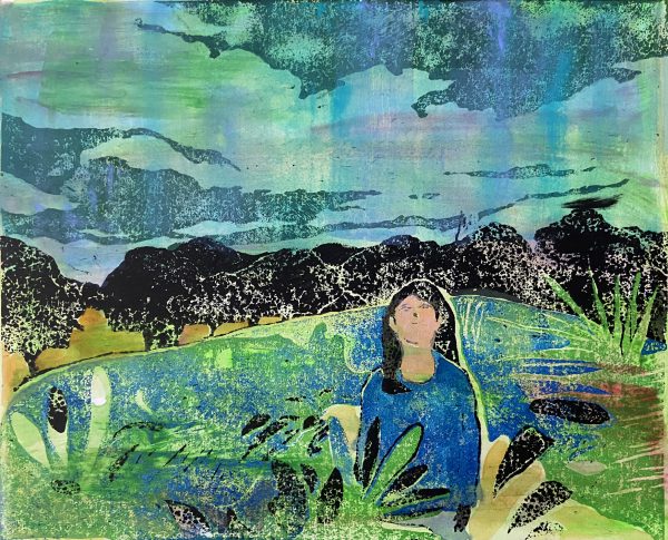Koshiro Akiyama, Burgess Park III, 2021, Hand coloured linocut, 32x38.5cm, Janet Rady Fine Art