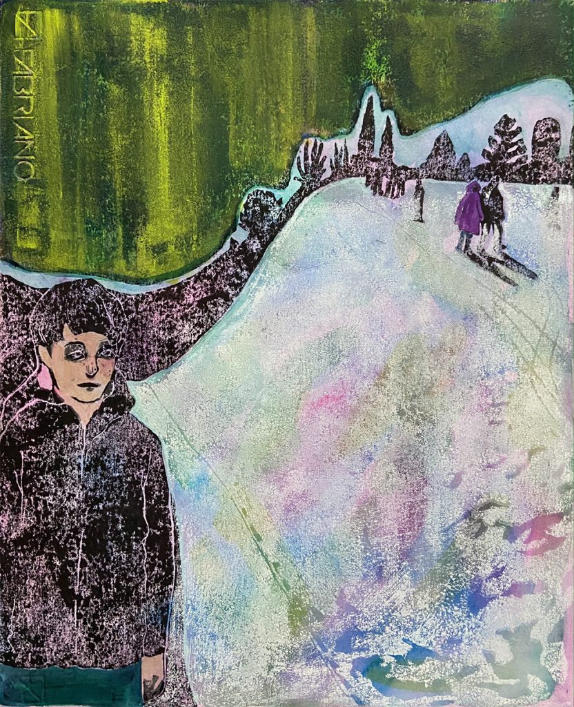 Koshiro Akiyama, The Snow At Night, 2021, Hand coloured linocut, 30.4x37cm, Janet Rady Fine Art Koshiro Akiyama, The Snow At Night, 2021, Hand coloured linocut, 30.4x37cm, Janet Rady Fine Art