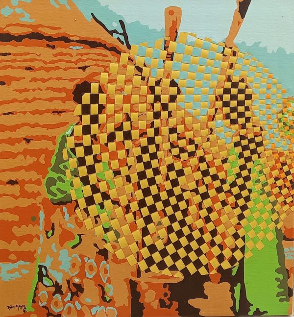 Franck Asso, Au Village, 2022, Acrylic and weaving on canvas 60x60cm Janet Rady Fine Art
