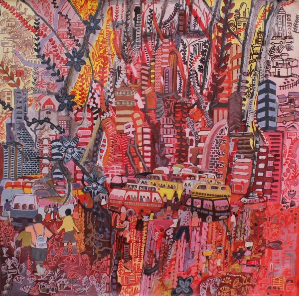 Muramuzi JohnBosco, In Front of The Taxi Park, 2022, Acrylic on canvas, 60x60cm Janet Rady Fine Art