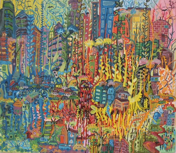 Muramuzi JohnBosco, In The City Compound, 2022, Acrylic on canvas, 70x80cm Janet Rady Fine Art