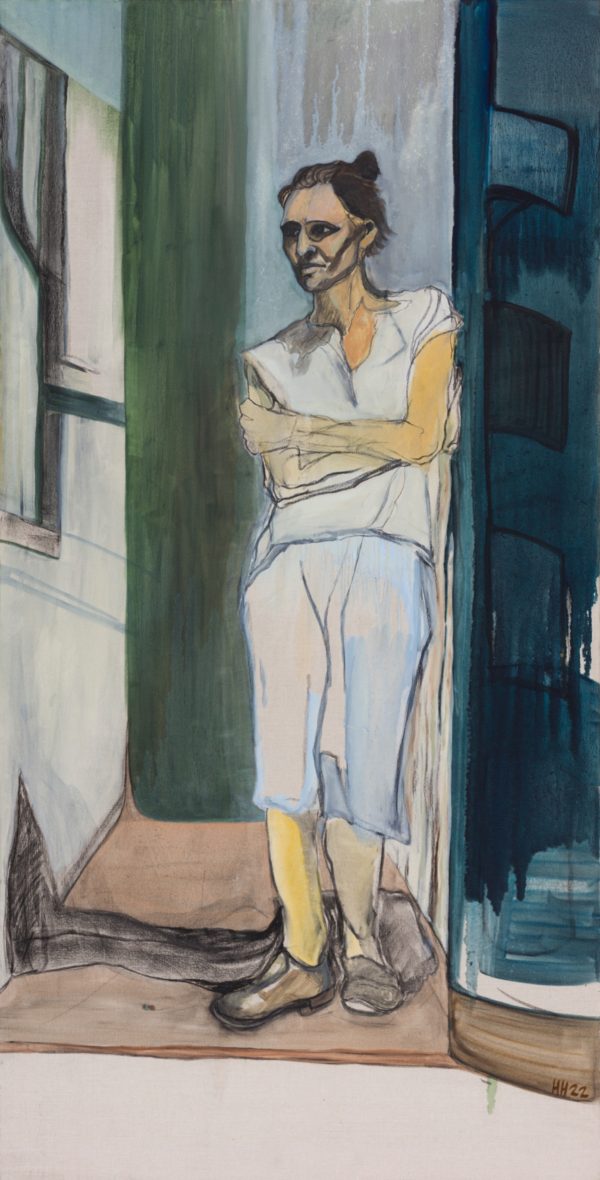 Huddie Hamper, Lady in Doorway, 2022, Oil and charcoal on linen 180x90cm, Janet Rady Fine Art