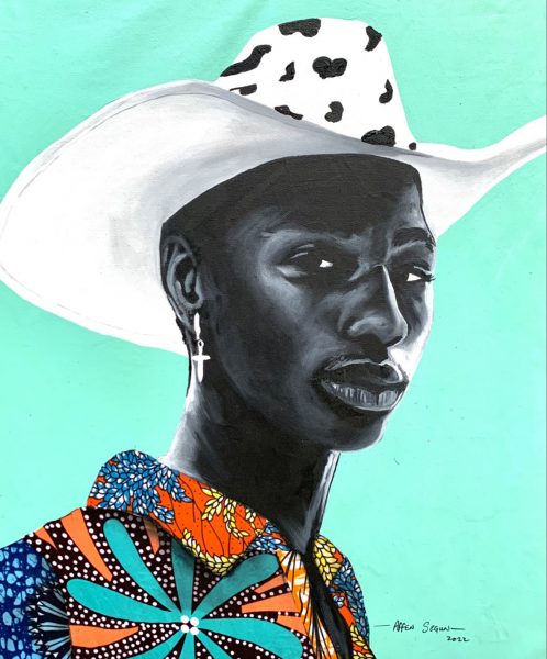 Affen Segun, I Stand Before You As Myself, 2022, Acrylic and ankara fabric on canvas 58.4x48.3cm Janet Rady Fine Art