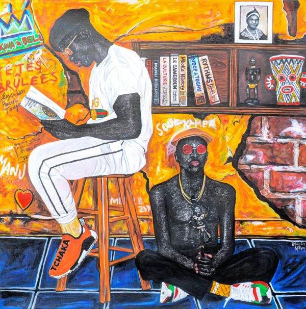 Moses Mous, Le Couple du Kwata, 2022, Acrylic and razor scratches on canvas,120x100cm Janet Rady Fine Art