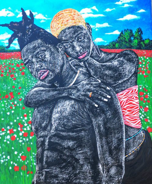 Moses Mous, Le Couple du Kwata, 2022 Acrylic on canvas 100x100cm Janet Rady Fine Art
